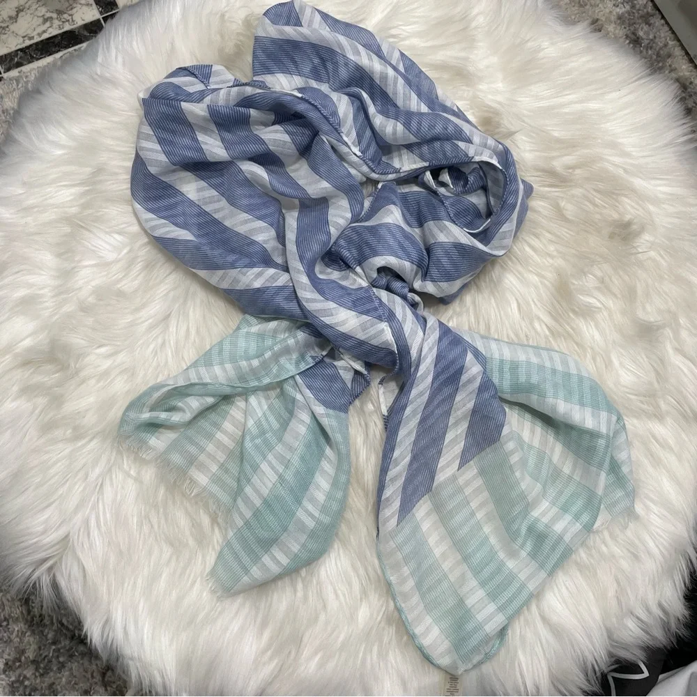 #0208 EST. 1946 Lightweight Soft Summer Blue and White Striped Scarf - Picture 2 of 4